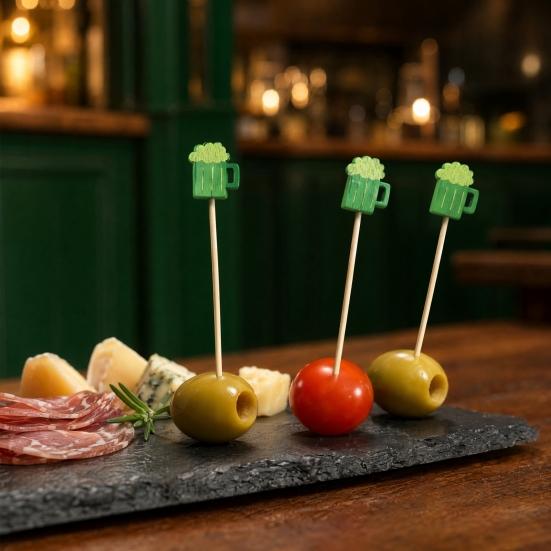 100PCS Disposable Cocktails Tags, Green Beer Decor Bamboo Picks, Disposable Handheld Toothpicks, for Snacks Sandwiches Cupcake