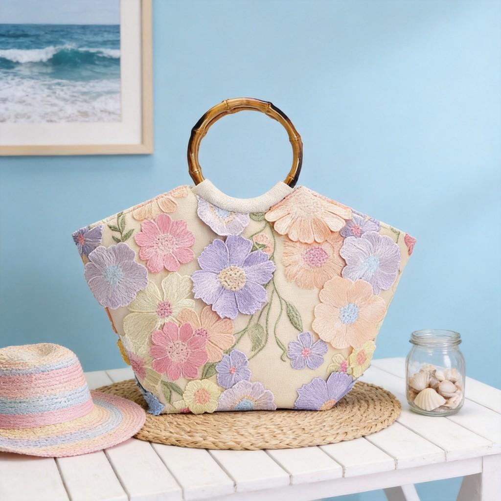 Beach Vacation Style Handbag With Embroidered Flowers And Sequins For Casual Day Use
