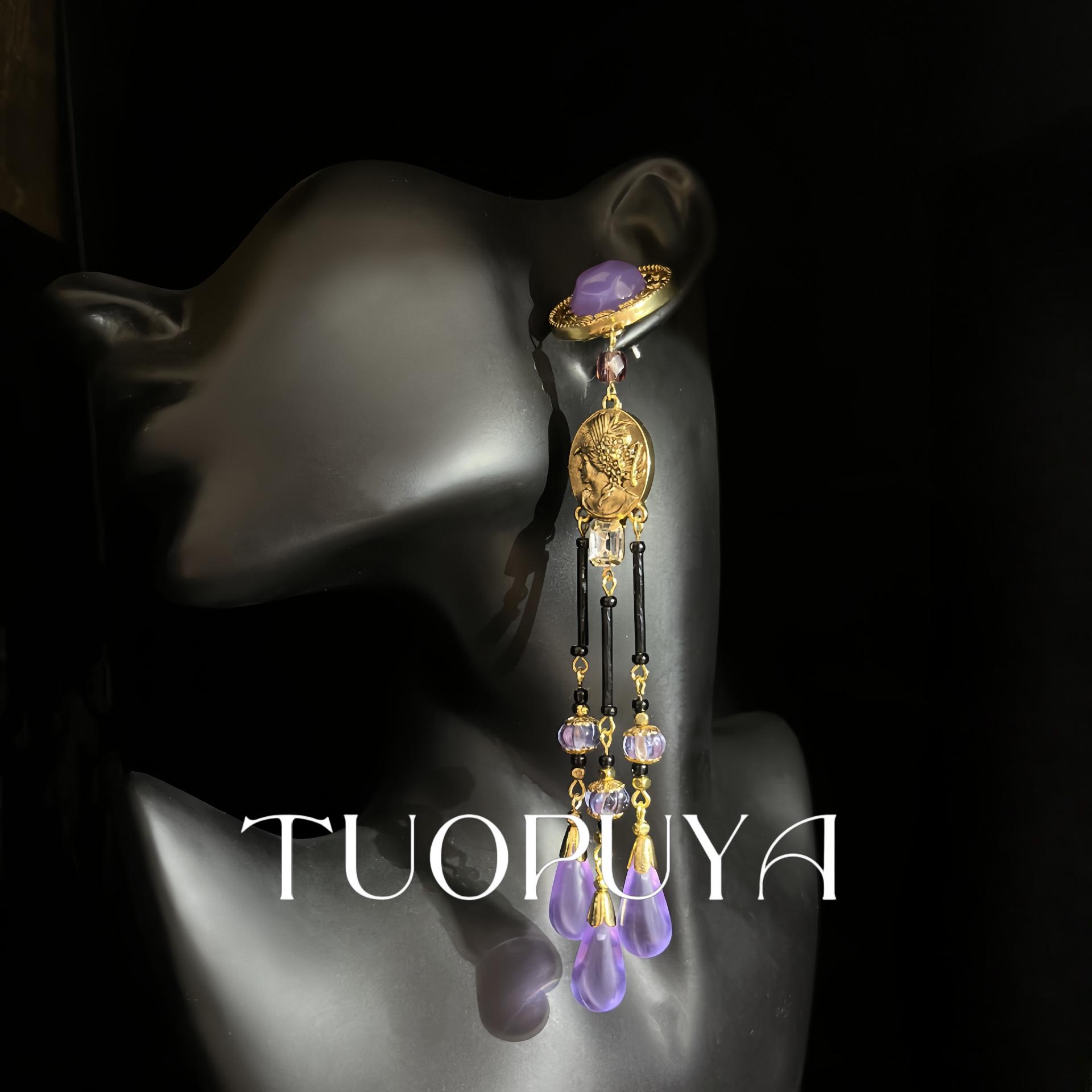 Elegant Purple Glazed Long Pendant Earrings with Versatile Design