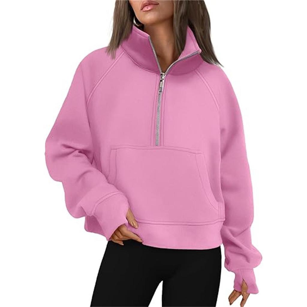 Women's Stand Collar Plus Fleece Solid Color Hoodie Long Sleeve Pocket Loose Half Zip Pullover Hoodie Top