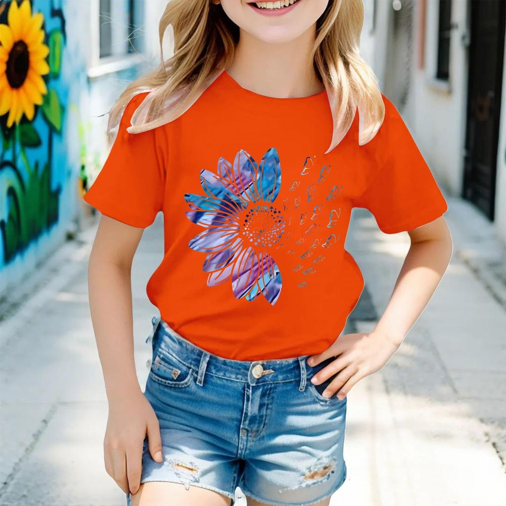 Kindermode Kurzarm Rundhals Floral Bedruckt Lässiges T-Shirt Top