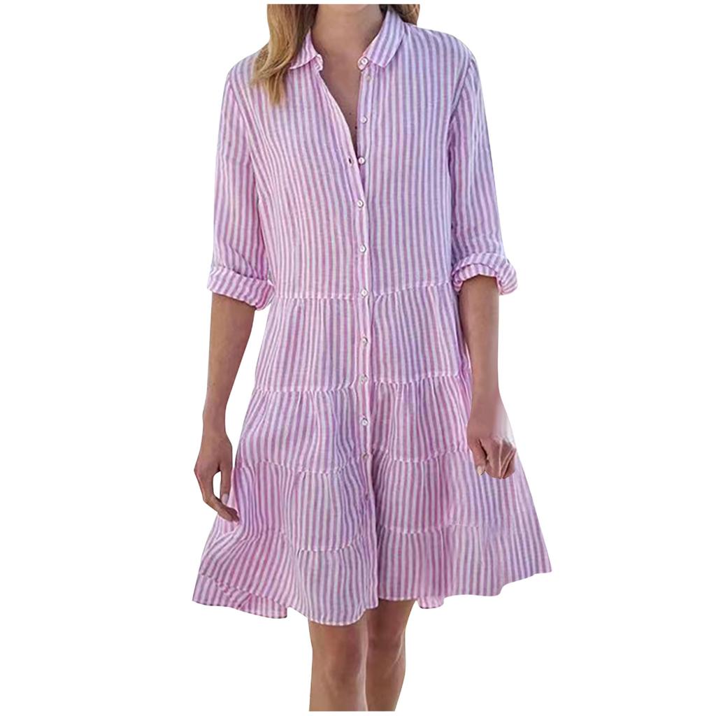 Y2K Women Striped Long Sleeve Mini Dresses Commuter Lapel Single-Breasted Shirt Dress Fashion Hem A-Line Party Dress