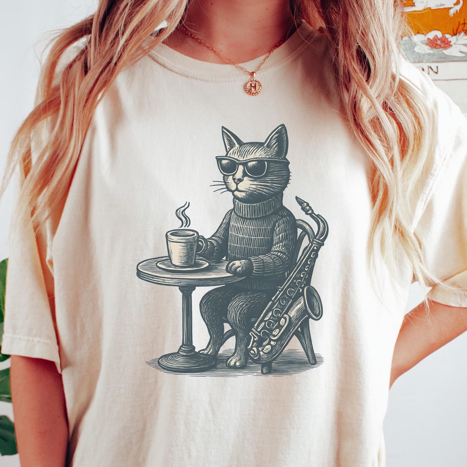Cool Cat Shirt, Funny Cat T-Shirt, Comfort Colors, Cat Lovers Gift, Jazz Cat Tee, Trendy Graphic Tshirts, Cat Drinking Coffee, Cool Kitty M