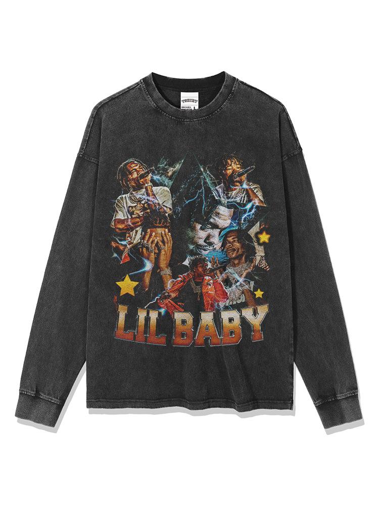 Hip Hop Hooded Sweater, Long Sleeve T-Shirt Babe Crew Neck Lil B Vintage Aby Print Short Sleeve Lil Street Tide