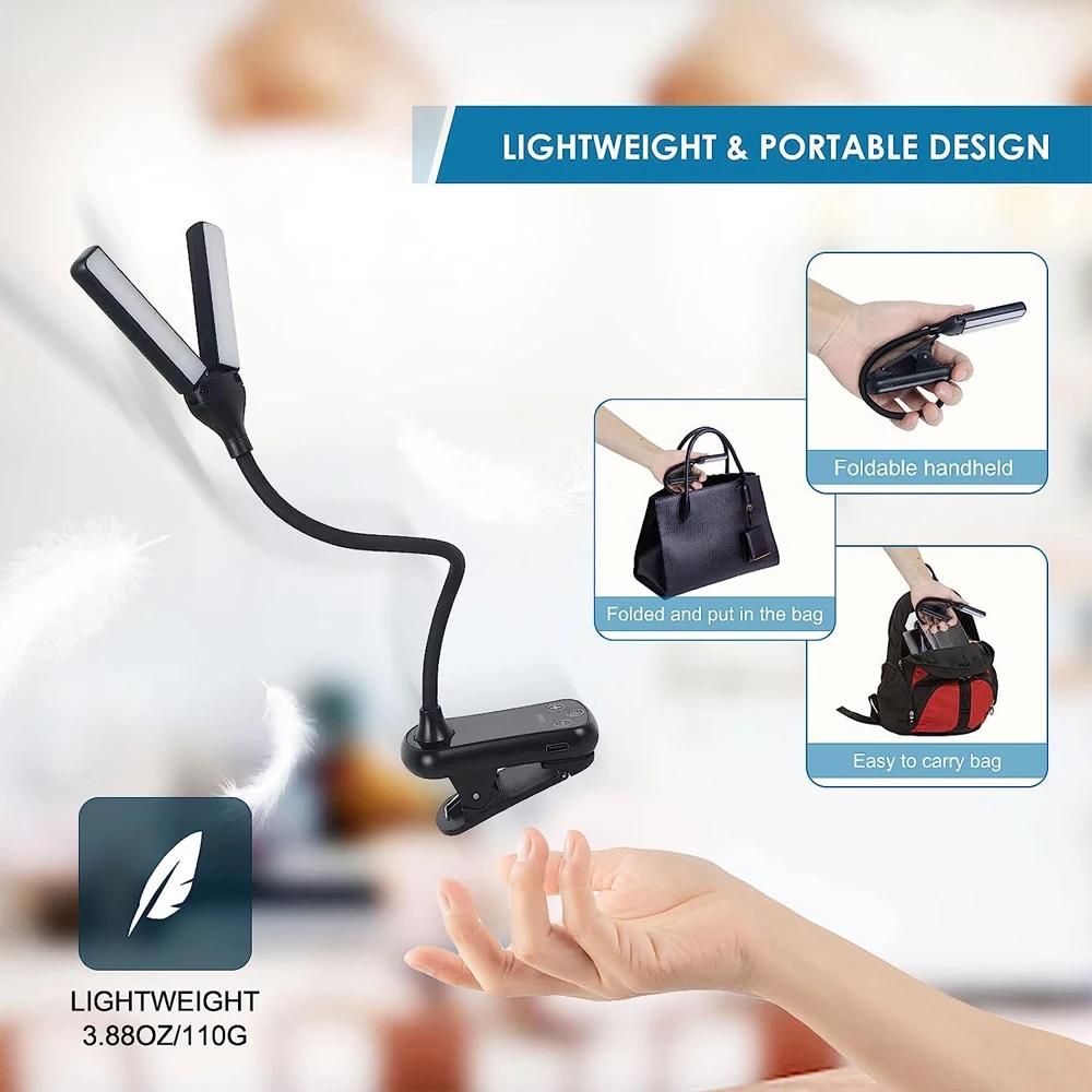 Lámpara de lectura portátil con clip de 14 LED, 3 colores, 8 niveles de brillo, luz nocturna recargable por USB, lámpara de lectura portátil, mini lámpara de escritorio