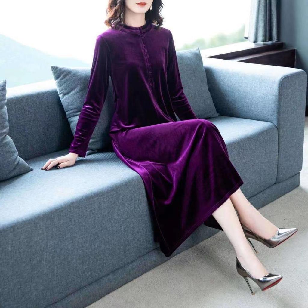 Women's Plus Size Dress Long Gold Velvet Dress Loose Retro Solid A-Line Dress Spring Autumn