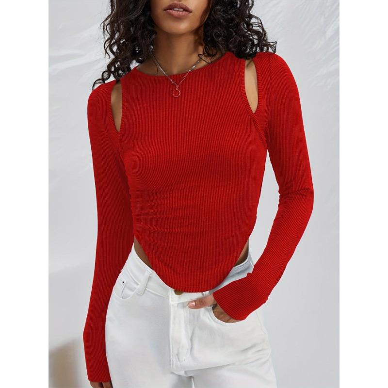 Spring and Autumn Women's Hollow Irregular Round Neck Knit Long Sleeve Sexy Fashion Top