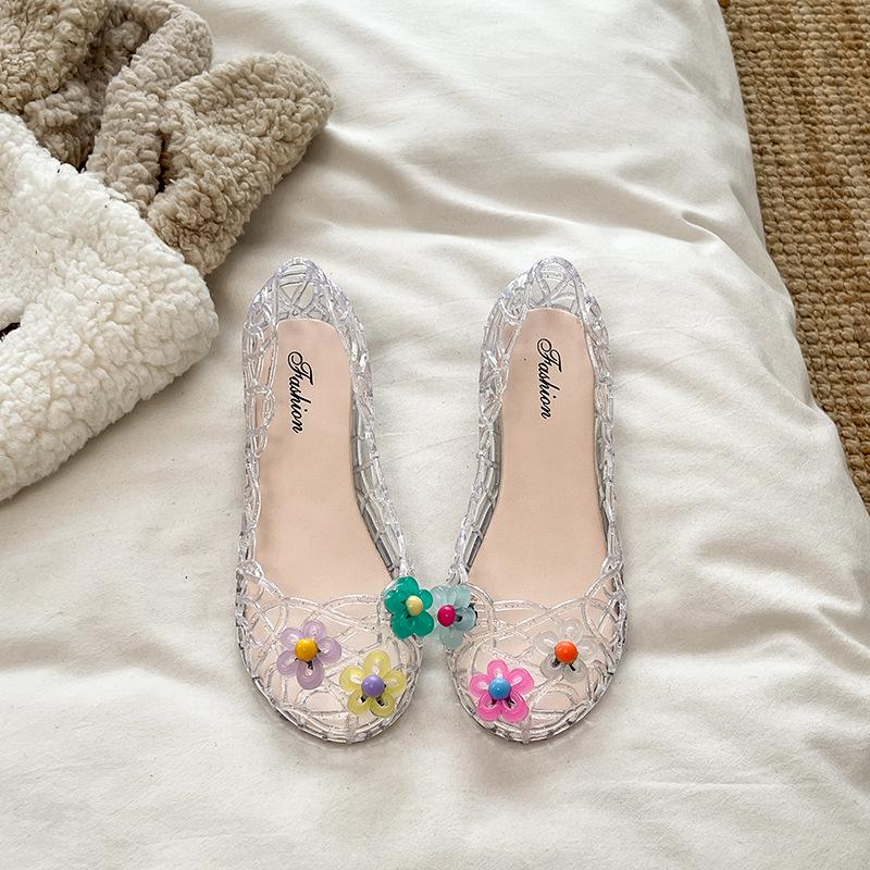Women's Summer Crystal Flower Jelly Shoes - Breathable, Non-slip, Soft Sole Casual Beach Flats