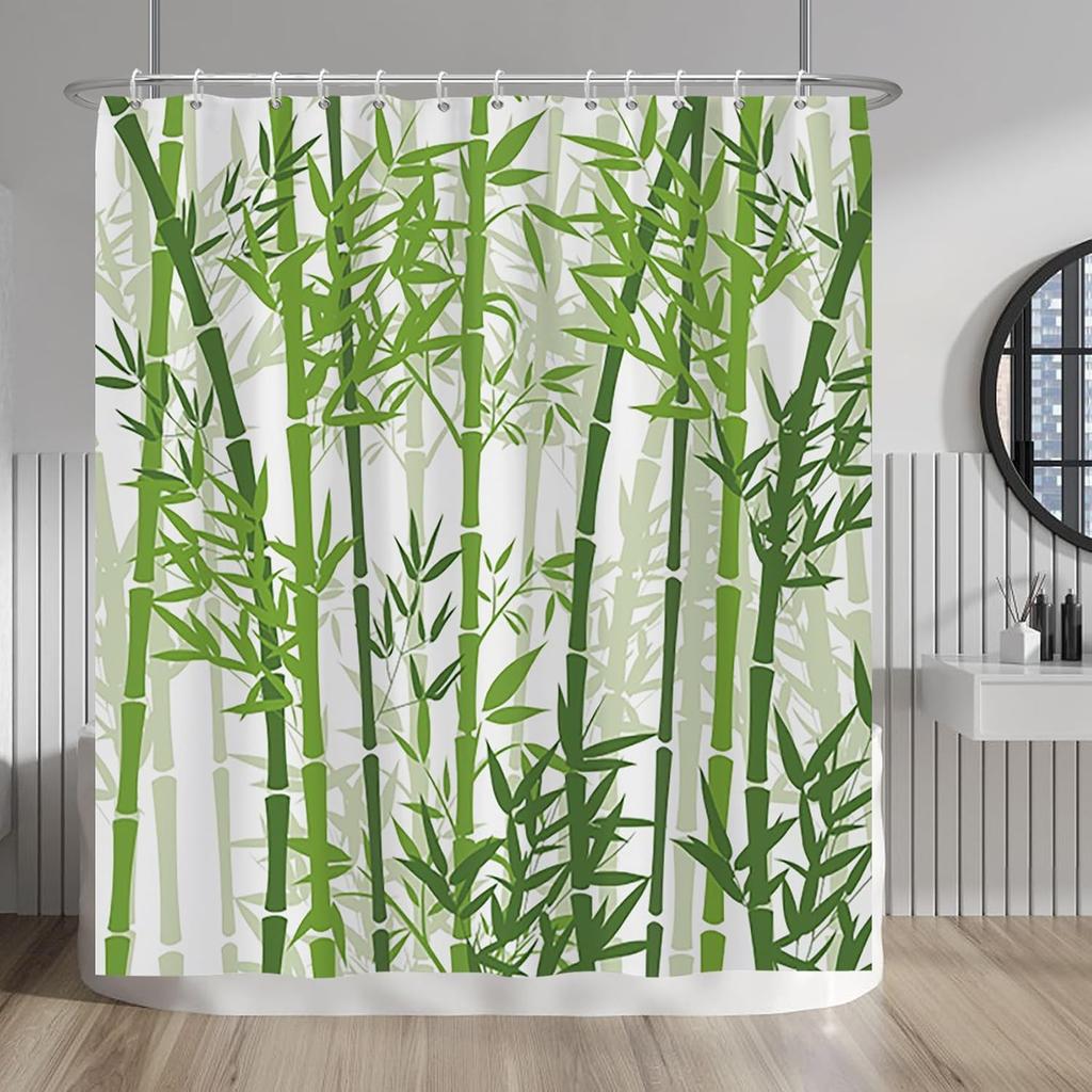 Watercolour Bamboo Shower Curtain Sets Sage Green Botanical Leaves Bath Curtains Shower with 12 Hooks Asian Art Meditation Zen