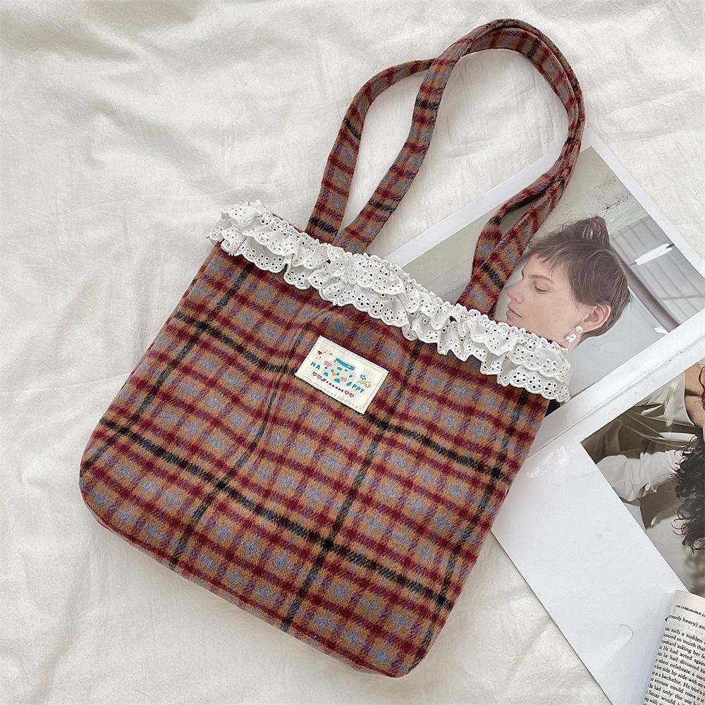 151 Cute Girl Heart Lace Woolen College Plaid Shoulder Bag Cloth Bag Portable Tote Bag