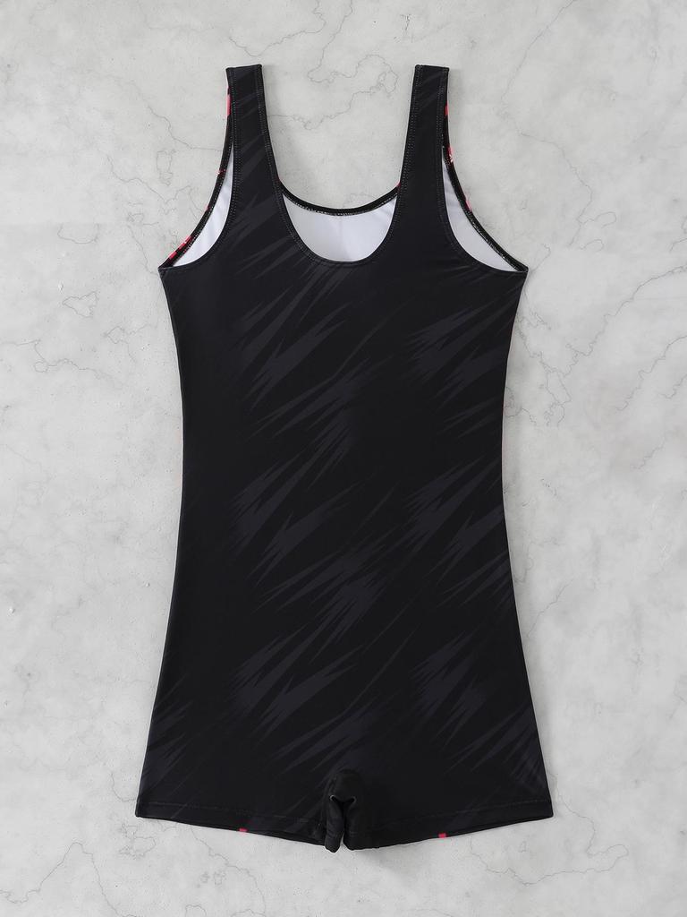 2026 Women's Sporty One-Piece Boyshort Swimsuit - European & American Printed Edition, Conservative Beach Swimwear