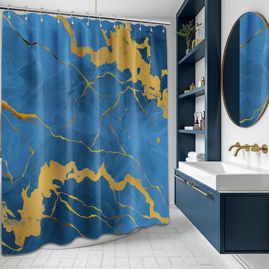 Marble Black and Gold Shower Curtain, Modren Abstract Shower Curtains for Bathroom Decor Crack Mens Bath Curtain Set, Waterproof