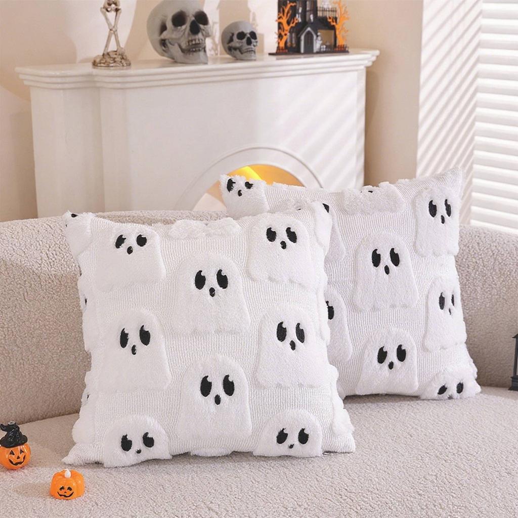Square Plush Pillow Cover with Ghost Pattern Decorative Cushion Case Soft Textured Fabric 45x45cm Removable Zipper Closure for Sofa Chair Bed Home