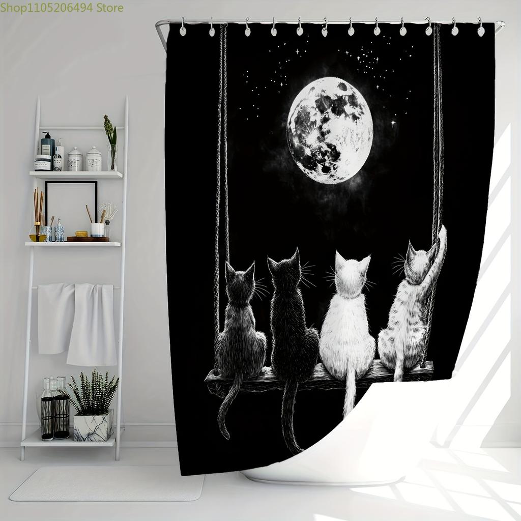 1pc Moonlit Cats on Swing Digital Print Shower Curtain - Black & White Whimsical Design with Black Cats, White Cats, and Full