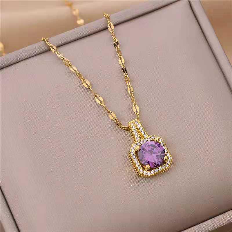 

316L Stainless Steel Square 3 Color Crystal Zircon Clavicle Chain High Quality Beauty Pendant Necklace For Women Wedding