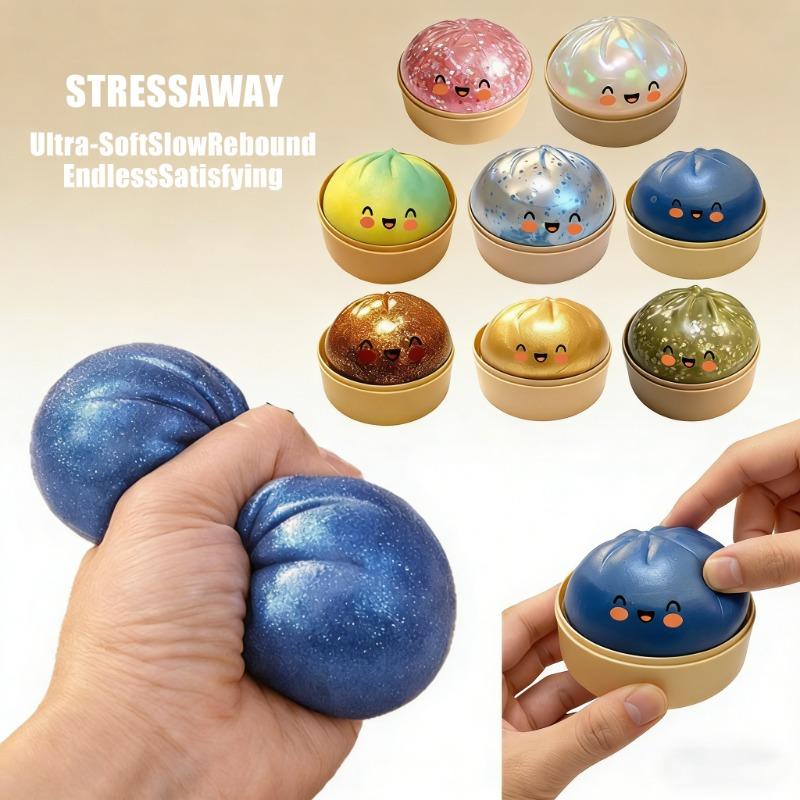 Kawaii-Stressball in Knödelform mit Smiley-Gesicht, einzigartiger Dampfgarer-Sockel, knetebarer Teigball, Geburtstagsgeschenk für Mädchen, Jungen und Erwachsene