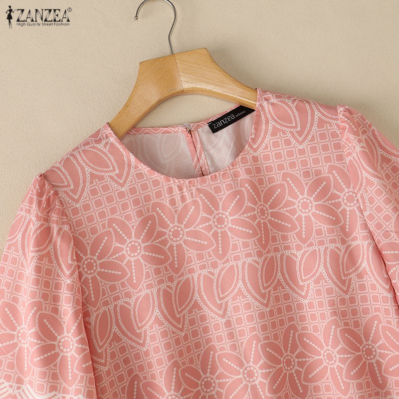 ZANZEA Bluză casual de vară pentru femei, cu imprimeu floral, gât rotund, mâneci scurte
