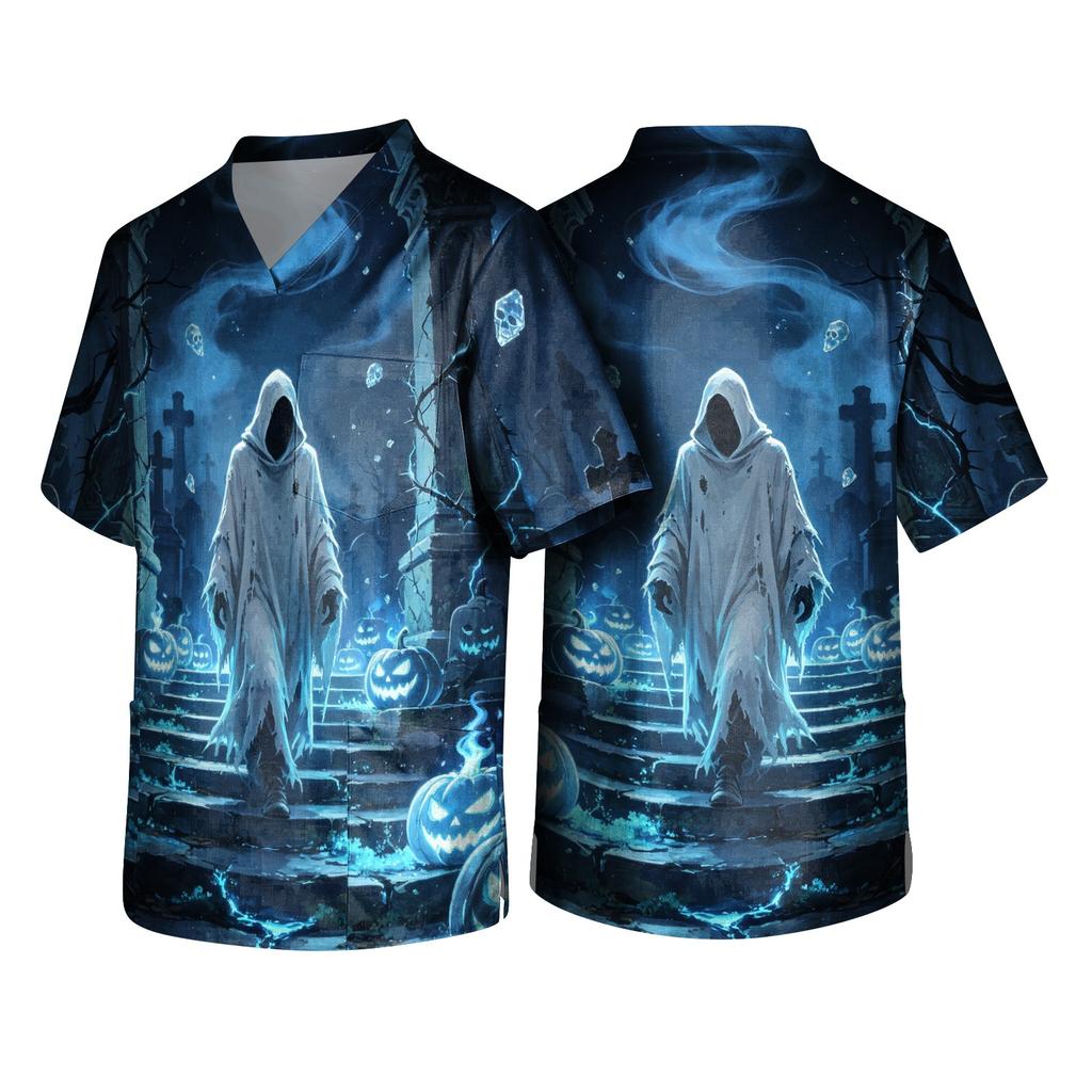 Haut d'uniforme pour soignant, Halloween, imprimé, col en V, manches courtes, poche, haut de travail
