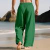 Mens Linen Wide Legs Pants Summer Solid Color Loose Casual Pants Breathable Drawstring Elastic Waist Straight Trousers with Pockets
