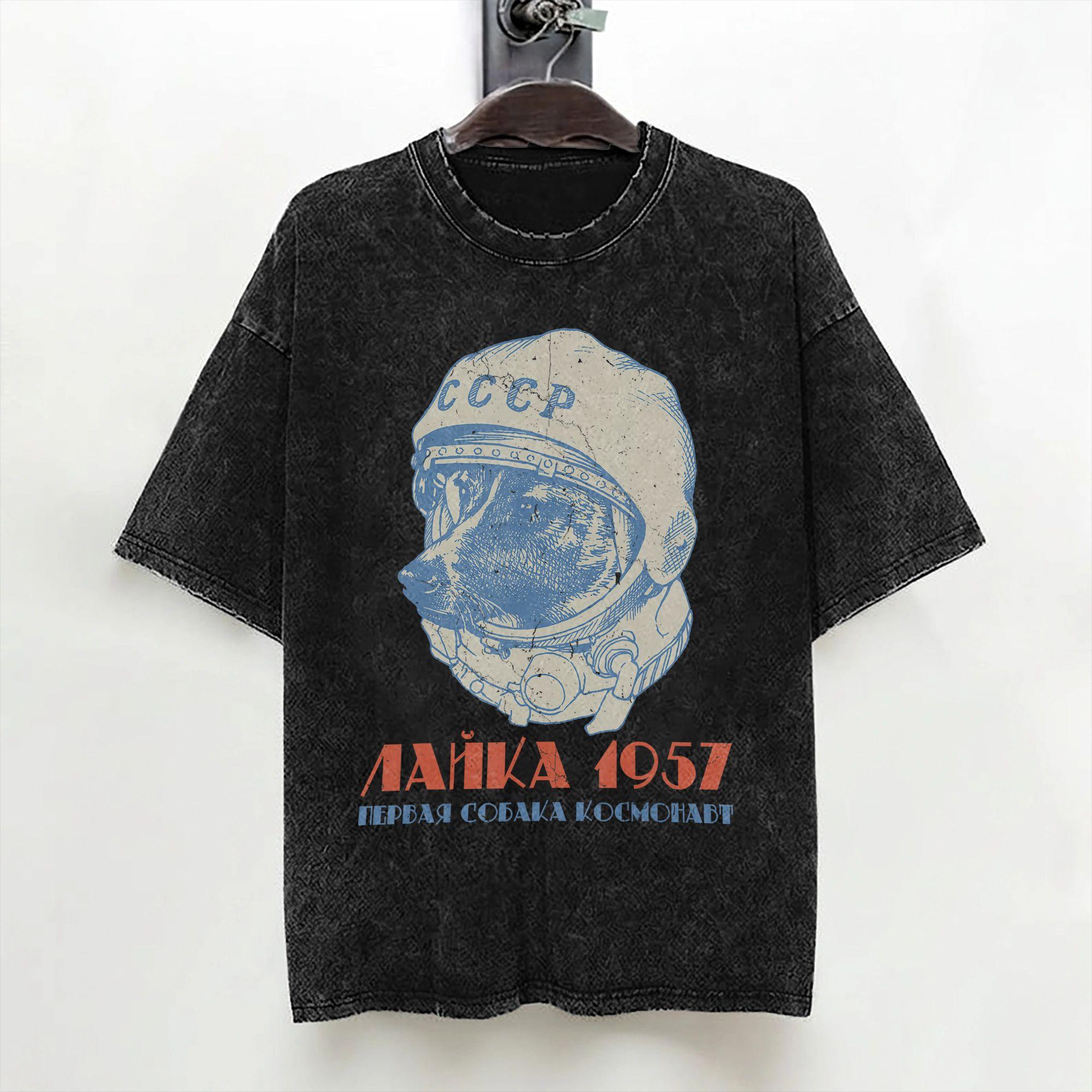Laika Dog Sputnik Space Dog Space Travel USSR CCCP T Shirt Washed Cotton Oversize TShirt Cool Men Women Streetwear Graphic Tees S