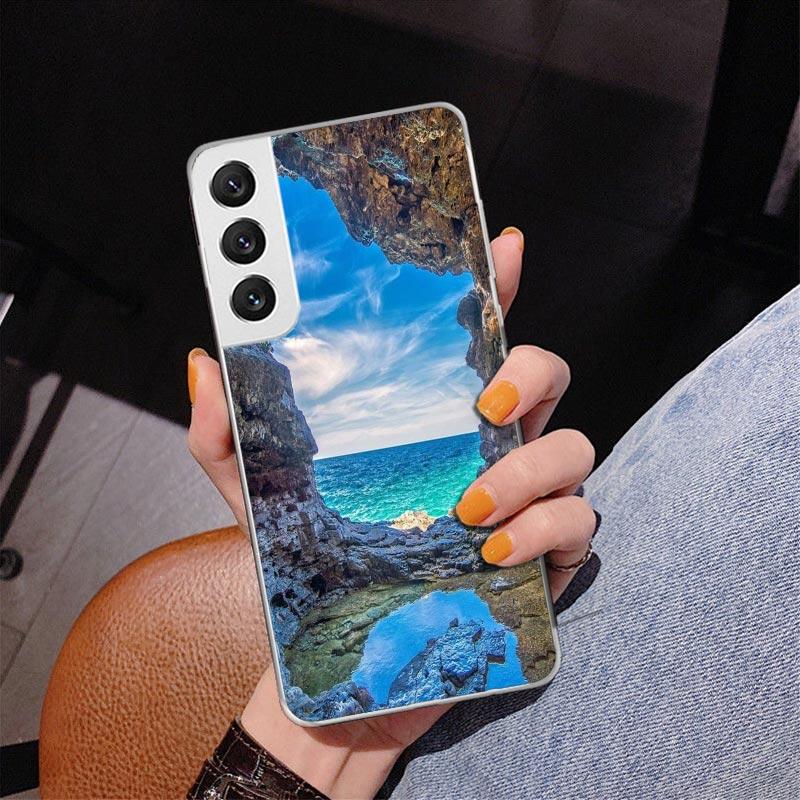 Sommerstrand-Sonnenuntergangs-Meerpalmen-Handyhülle für Samsung Galaxy S24 S25 Edge S26 Ultra S23 S22 S21 Plus S20 FE + personalisiertes Pr