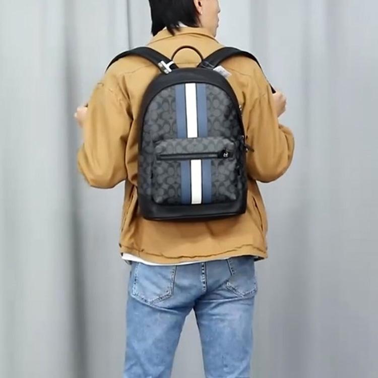 Coach Zaino Grande Capacità West 35 Classic Monogramma Blu e Bianco a Strisce Zaino da Uomo Nero Grigio 3001-QBOH0