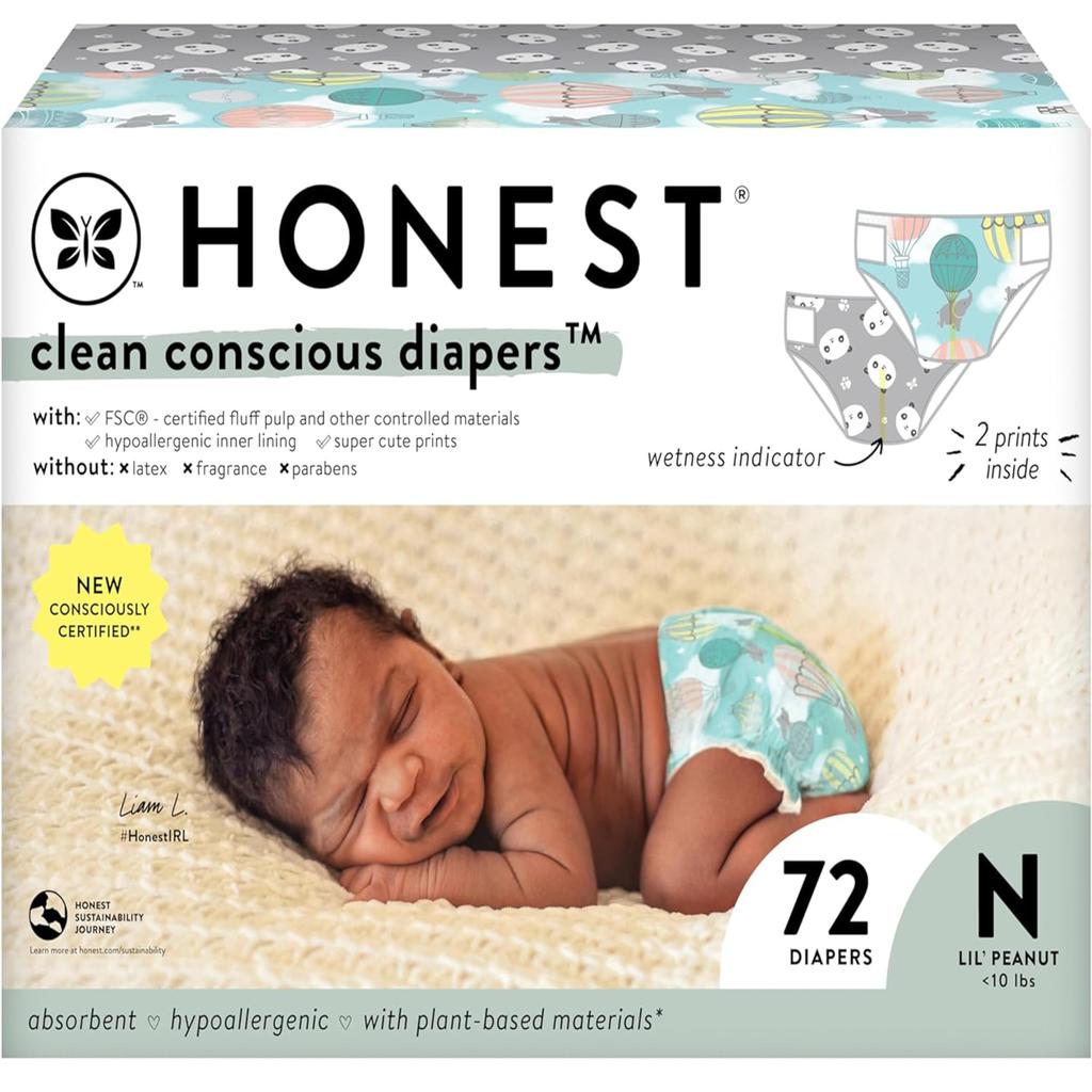 The Honest Company Clean Conscious Diapers Sustainable Diapers Above It All Panda Club Box Newborn Size 72 Pieces Plant-based +
