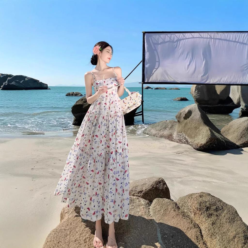 Temperament French Retro Suspender Photo Dress Waist and Thin Travel Wear Sanya Seaside Vacation Beach Dress