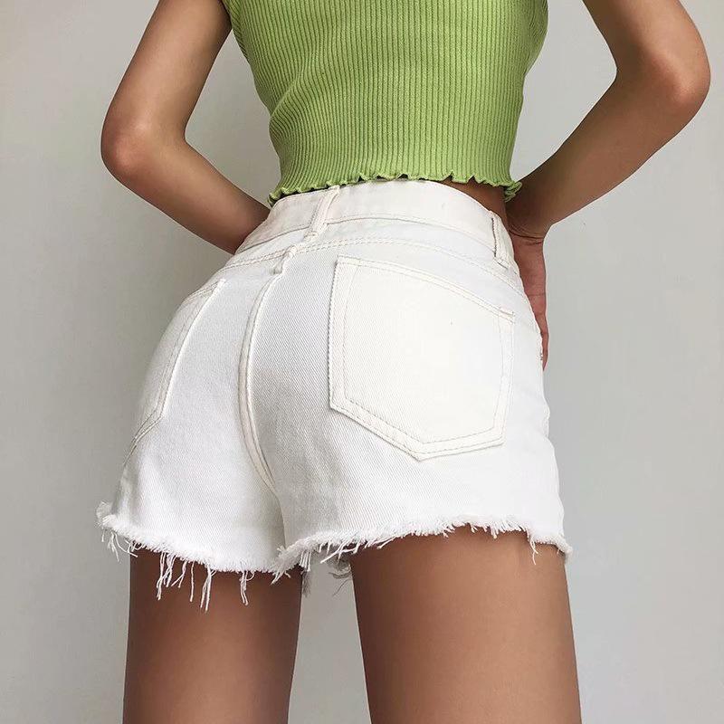 YPFF European & American High-Waist Distressed Denim Shorts for Women - Slimming, Raw Edge, Long Leg Style