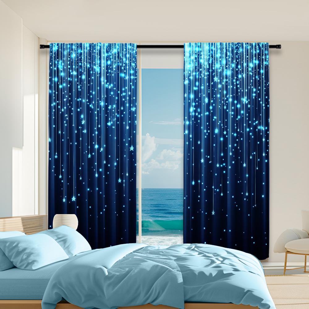 2Pcs Fantasy Blue Night Starry Sky Printed Window Curtain For Bedroom Office Kitchen Living Room And Study Rod Pocket Window