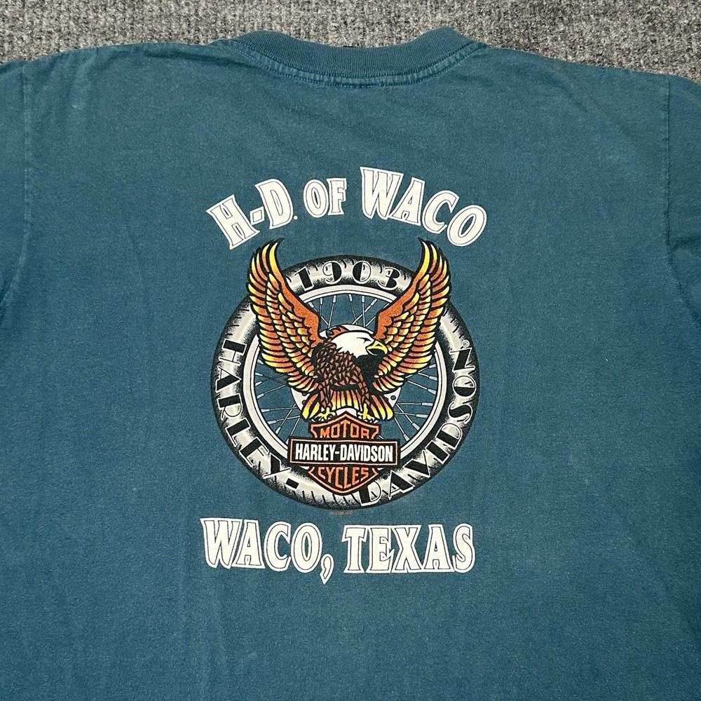 Vtg 1995 Harley Davidson Waco,Tx Blue green T-Shirt Single Stitch Biker Eagle Unisex T-Shirt
