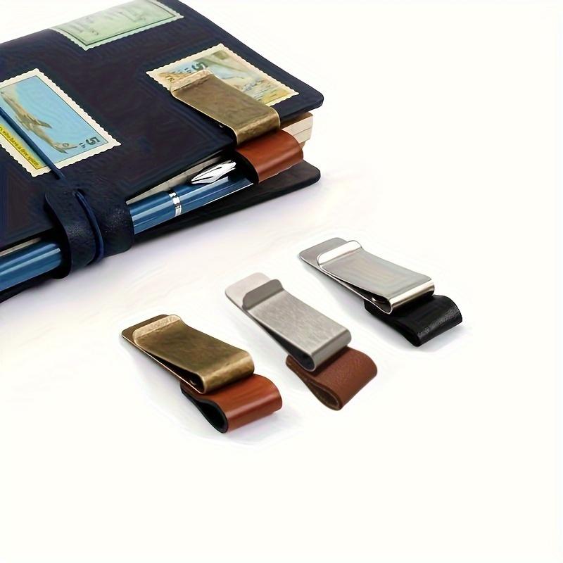 2Pcs Imitation Leather Pen Holder, Handbook Stainless Steel Pen Holder, Pencil Holder, Traveler's Notebook Accessories, Bill Holder, Handbook Holder.