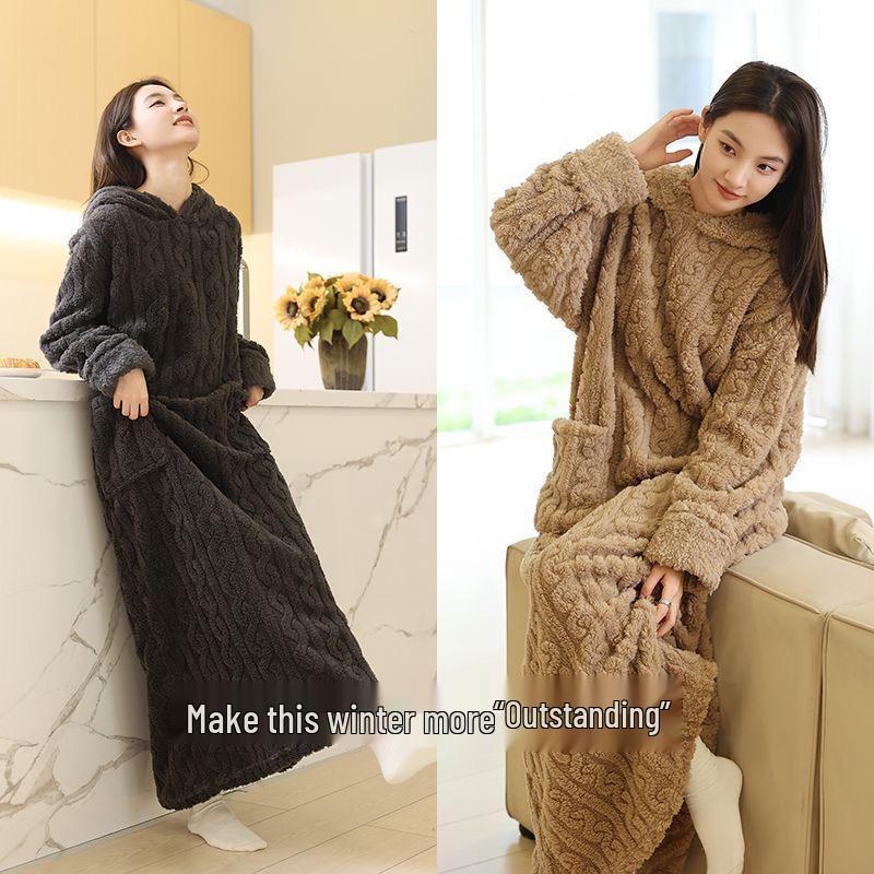 Damen Kapuzen-Zopfstrick-Pyjama-Set - Einfarbig, Dickes Korallenfleece, Plus Samt, Niedlicher langer Bademantel, Perfekt für Herbst und Winter