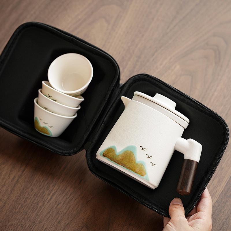 Guochao Accompanying Gift Coarse Pottery Office Cup Holiday Gift Qingshan Flying Bird Portable Car Express Travel Tea Set