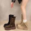Women's Long Boots 2025 Spring New Style Fashionable Two-piece Lapel Mid Leg Boots Retro Versatile Thick Soled Motorcycle Boots