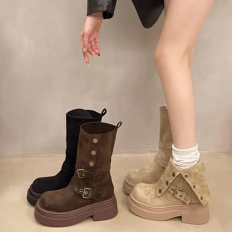 Women's Long Boots 2025 Spring New Style Fashionable Two-piece Lapel Mid Leg Boots Retro Versatile Thick Soled Motorcycle Boots