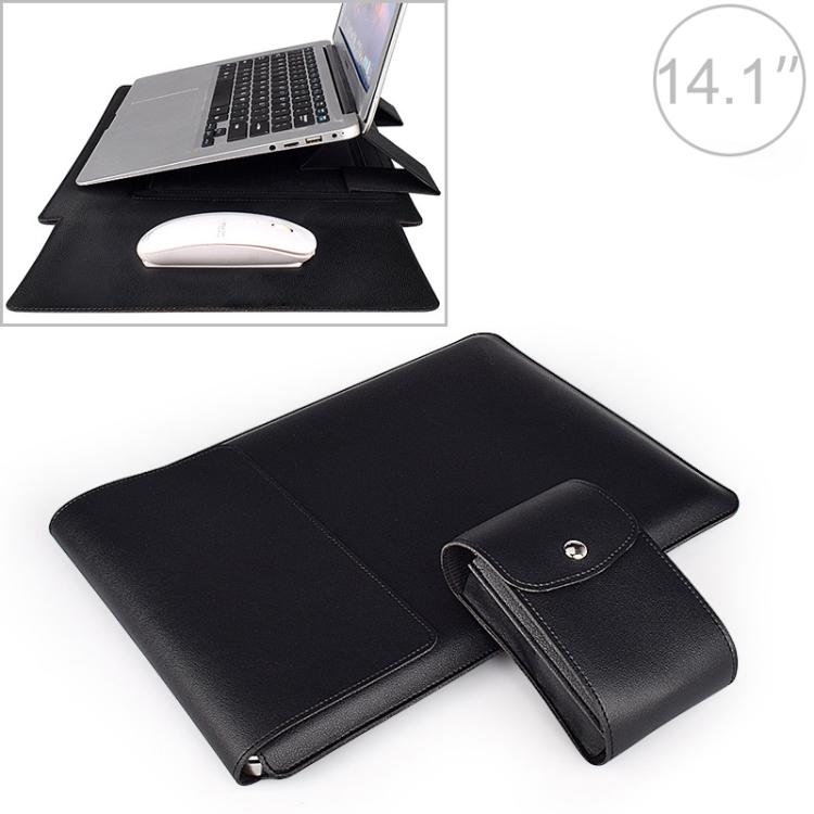 PU05 PU Leather Laptop Sleeve 14.1 Inch, Magnetic Protective Carrying Bag with Triangle Support, Heat Dissipation and Extra Storage Pouch