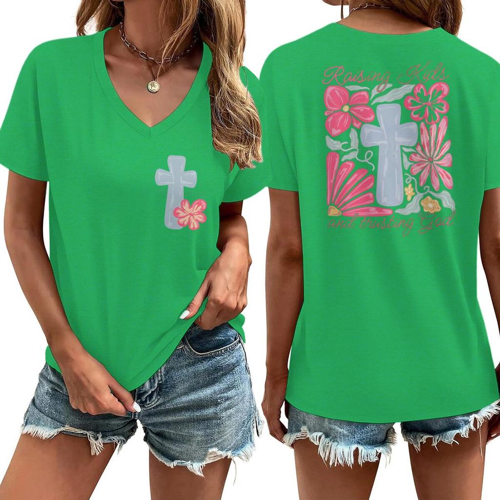 Religious Christian Faith Tshirts Short Sleeve Vneck Casual Tops Jesus Cross Flower Shirt Cross Faiths Casual Tshirt Women