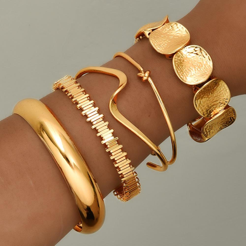 5Pcs/Set Gold Color Punk Geometry Multilayer Bangles Delicate Women's Hand Bracelet  for Women