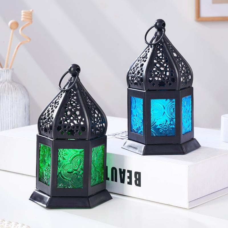 1 Pieza Candelabro Decorativo de Hierro Forjado Retro Europeo de Seis Caras con Vidrio de Color, Candelabro Colgante de Hierro Forjado a Prueba de Viento