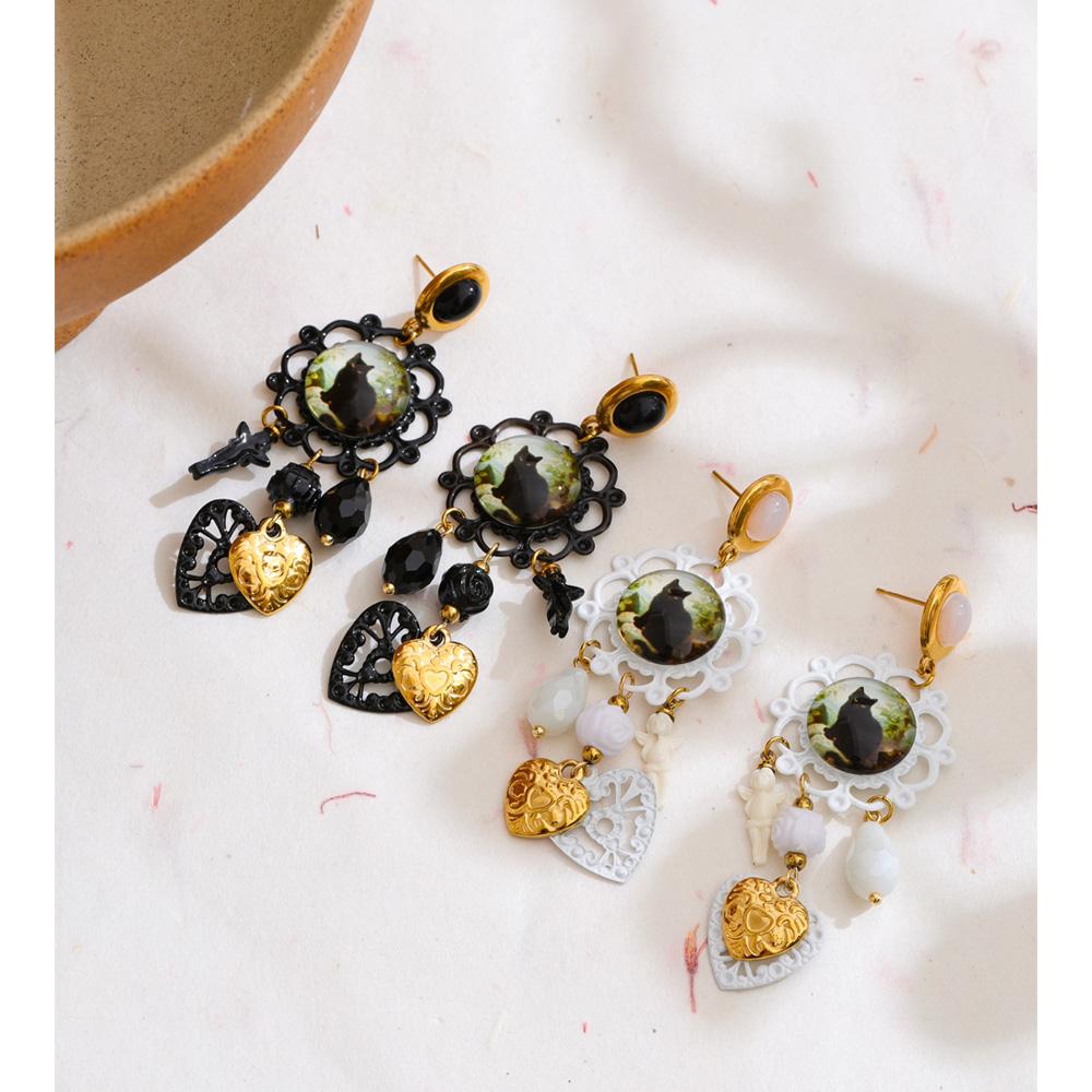 Eetit Vintage Acrylic Crystal Cat Angel Heart Drop Earrings for Women 2025 Stylish Unique Design Stainless Steel Retro Jewelry