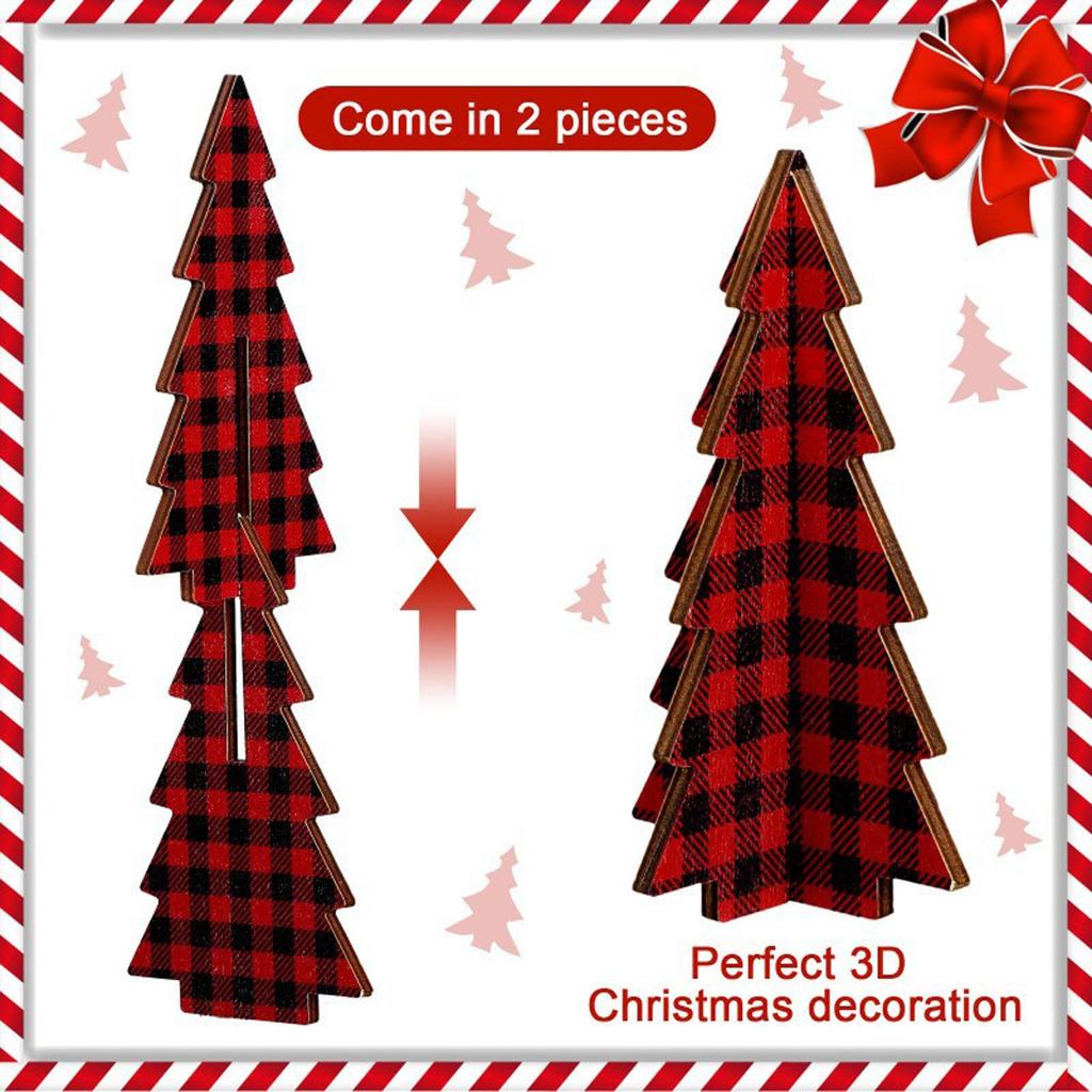 3 Pieces Christmas Decor Plaid Christmas Tree Decorations Set Of, 3D Wooden Tabletop Trees, 5.5 Inch Height, Holiday Home Decor (Plaid Style)