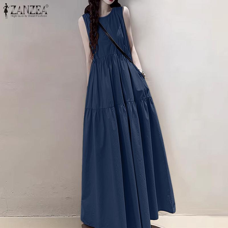 ZANZEA Women Loose Casual Round Neck Sleeveless Long Dress