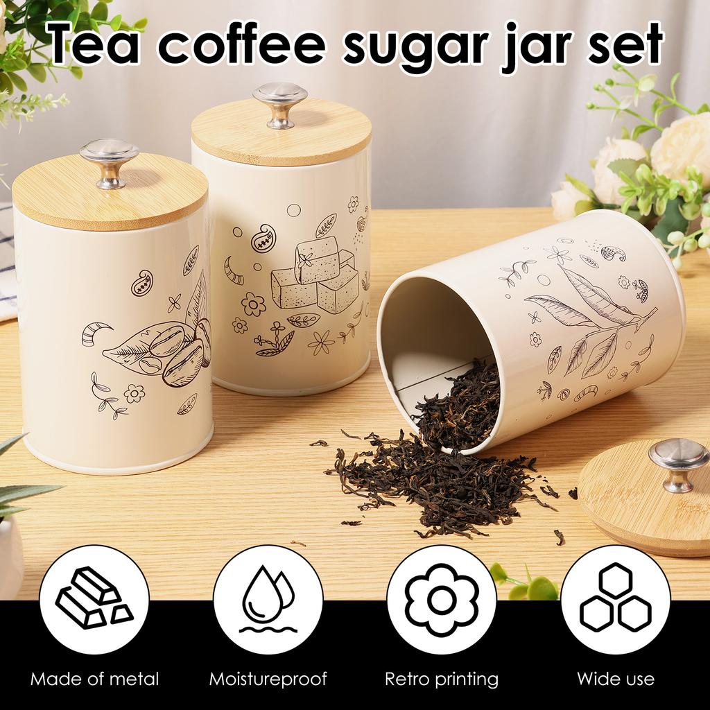 3Pcs Vintage Print Metal Canister Set with Airtight Wood Lids Sugar Tea Coffee Storage Containers Jar for Counter Dining Room