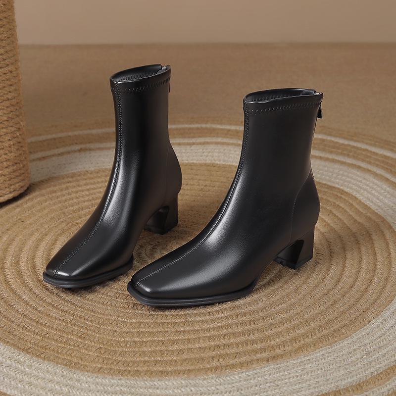 2024 Dame Hvite Martin Ankelstøvletter: Kraftig hæl, Britisk stil, Slankende, Fleecefôret for vår og høst