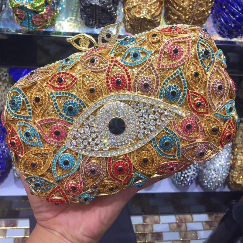 WHTUOHENG Crystal Evening Clutches Bags Multicolored Diamond Gold Metal Bag Hollow Out Luxury Designer Handbags Lady Girl Dinner