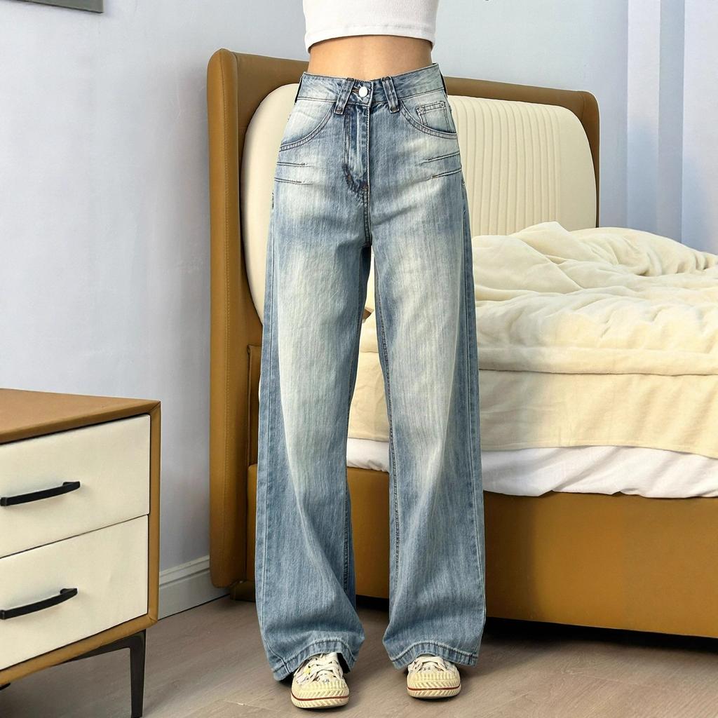 Comfortable Large Size High Waisted Jeans Loose Women's Spring Trailing Long Trousers Skinny Large Size Wide-legged Straight Trousers Long Denim Pants