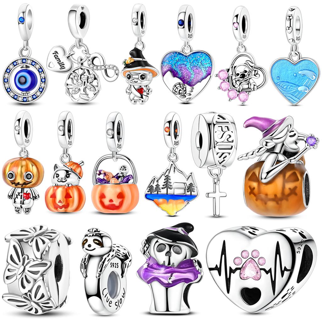 Cute Panda Charms Bead Original 925 Silver Inlaid Zirconium Colorful Heart Pendants Fit Bracelet Jewelry Gift Marking