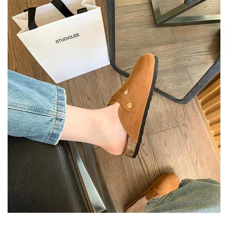Cowhide version~ Soft-soled bag head half-drag thick-soled one-pedal flat-soled leather shoes for women