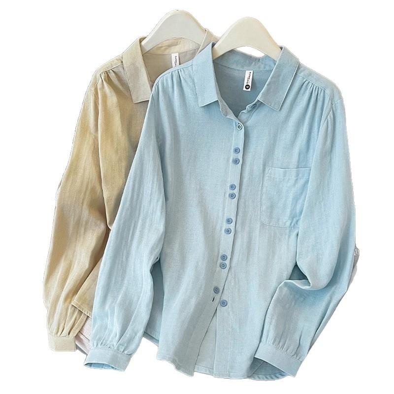 Literary and artistic style double-layer cotton yarn cotton shirt, simple design sense, spring and summer new breathable loose lapel long-sleeved top